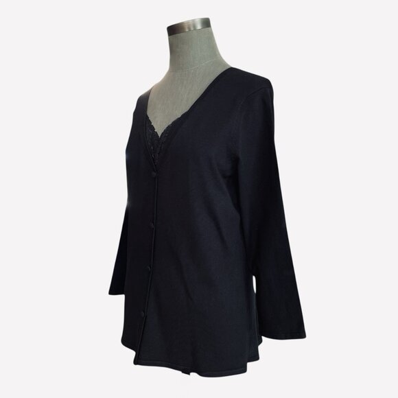 Geoffrey Beene Black Silk Stretch V-Neck Sweater Lace Trim Button Front Top M - Picture 4 of 6